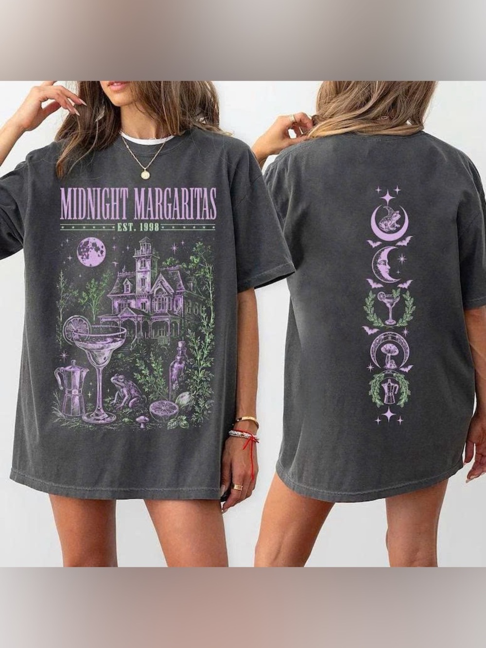 Charcoal Midnight margaritas Graphic Tee - Black with Lavender & Green